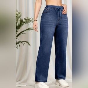 Blue Denim Wide-Leg Pants. Drawstring Waist. Sz Small.